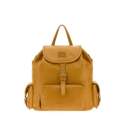 Miu Miu Mustard Nappa Leather Backpack Whisky Zaini In Brown