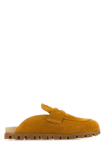 Miu Miu Mustard Suede Slippers In Brown