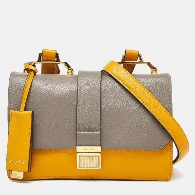 Pre-owned Miu Miu Mustard/grey Madras Leather Bandoliera Crossbody Bag In Yellow