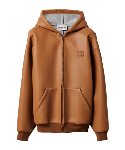 Miu Miu Nappa Leather And Bonded Jersey Hoodie Jacket In Brandy