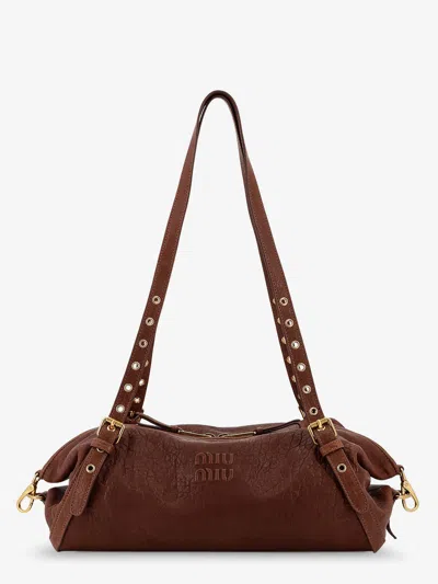 Miu Miu Nappa Leather Bag With Embossed Logo Lettering In Brown