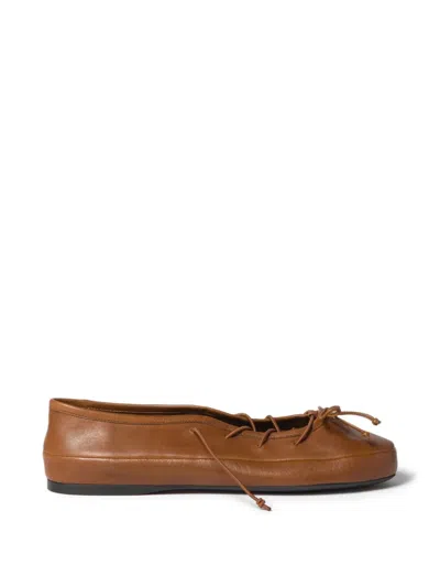Miu Miu Leather Ballerina Shoes Flat Sole Round Toe In Brown