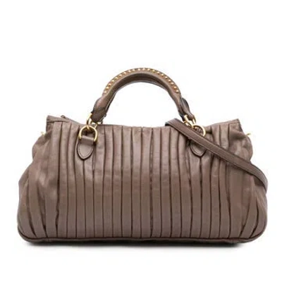 Pre-owned Miu Miu Nappa Leather Bosco Pleated Satchel In Brown