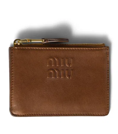 Miu Miu Nappa Leather Embossed Card Holder In Brown
