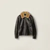 Miu Miu Lamb Shearling Collar Leather Jacket In Black