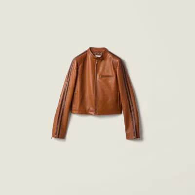 Miu Miu Nappa Leather Jacket Long Sleeves Front Pocket In Brown
