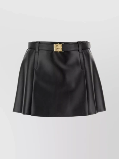 Miu Miu Nappa Leather Skirt With Belted Waist And Pleated Design In Black