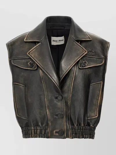 Miu Miu Nappa Leather Vest Notch Lapels Waistband In Black
