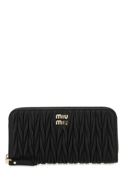 Miu Miu Nappa Leather Wallet With Golden Metal Finishing, 19.5 Cm X 9.5 Cm X 1.5 Cm In Black