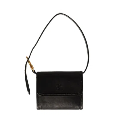 Miu Miu Nappa Leather Wallet With Shoulder Strap In Black