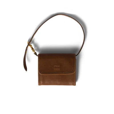 Miu Miu Nappa Leather Wallet With Shoulder Strap In Brown
