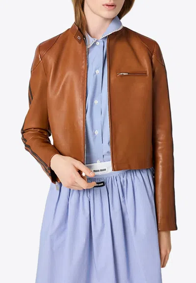 Miu Miu Nappa Leather Jacket Long Sleeves Front Pocket In Brown