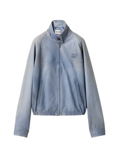 Miu Miu Nappa Leather Stand Collar Menswear Jacket In Gray