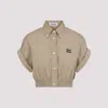 Miu Miu Cropped Green Shirt With Fitted Waist And Rolled Sleeves In Neutral