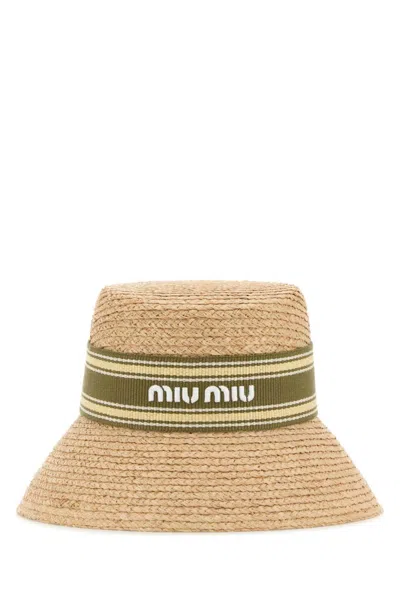 Miu Miu Natural Raffia Hat In Brown