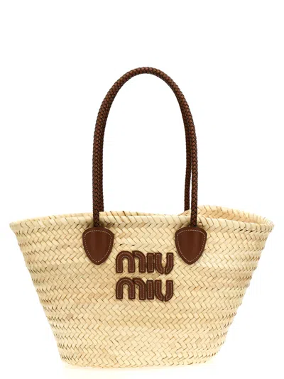 Miu Miu Natural Raffia Logo Tote In Brown