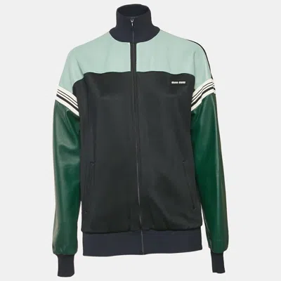 Pre-owned Miu Miu Navy & Green Leather And Jersey Zip-up Jacket S In Blue