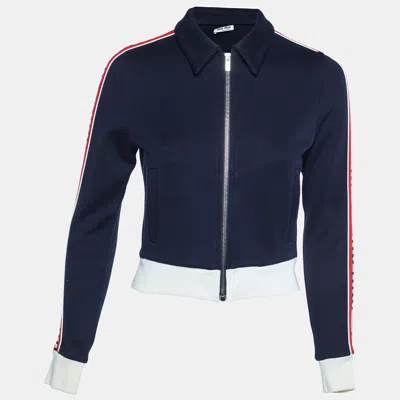 Pre-owned Miu Miu Navy Blue Cotton Blend Logo Tape Knit Zip Up Jacket M