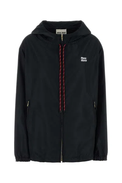 Miu Miu Navy Blue Logo Hood Jacket In Black