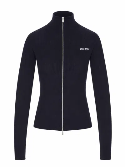 Miu Miu Navy Blue Logo Mock Collar Sweater