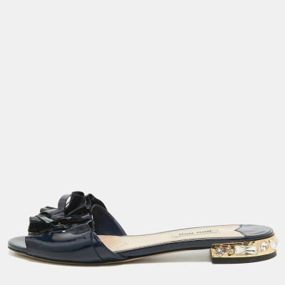 Pre-owned Miu Miu Navy Blue Patent Leather Flat Slides Size 39