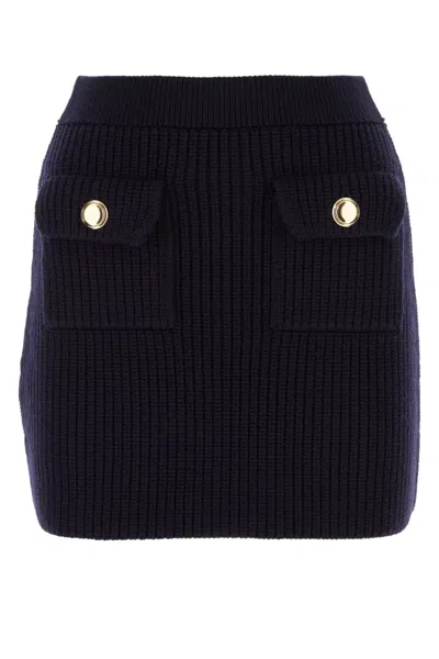 MIU MIU NAVY BLUE RIBBED-KNIT WOOL MINISKIRT
