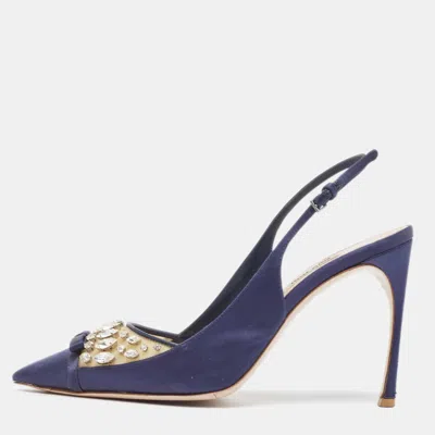 Pre-owned Miu Miu Navy Blue Satin And Pvc Crystal Embellished Slingback Pumps Size 40