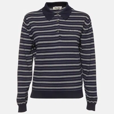 Pre-owned Miu Miu Navy Blue Stripe Knit Long Sleeve Polo Shirt L