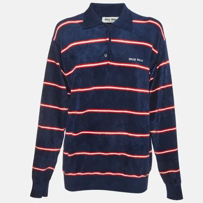 Pre-owned Miu Miu Navy Blue Striped Terry Loose Fit Polo Shirt M