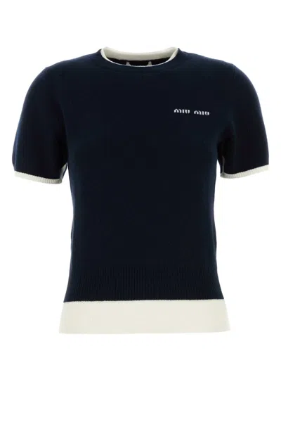 Miu Miu Navy Blue Wool Short-sleeve Sweater