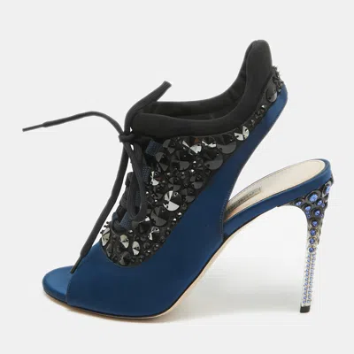 Pre-owned Miu Miu Navy Blue/black Satin And Fabric Crystal Embellished Lace Up Slingback Sandals Size 39.5