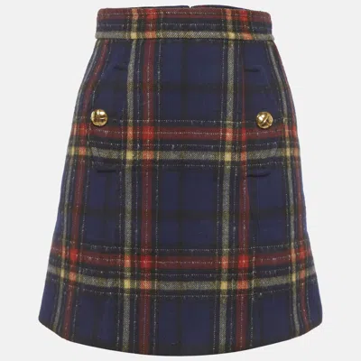 Pre-owned Miu Miu Navy Blue/red Plaid Wool Mini Skirt Xs