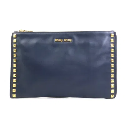Pre-owned Miu Miu Navy Leather Metal Clutch Bag () In Blue