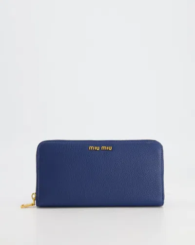 Miu Miu Navy Leather Zipped Wallet With Gold Logo Rrp £520 In Blue