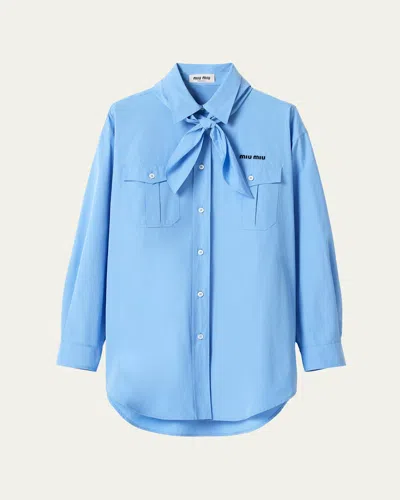 Miu Miu Neck-tie Button-down Shirt In F0013 Azzurro