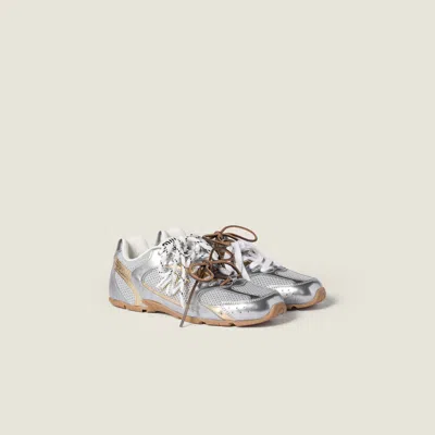 Miu Miu New Balance X  530 Sl Metallic Leather And Mesh Sneakers In Silver
