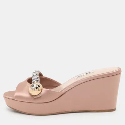 Pre-owned Miu Miu Nude Pink Satin Crystal Embellished Wedge Platform Slide Sandals Size 38.5