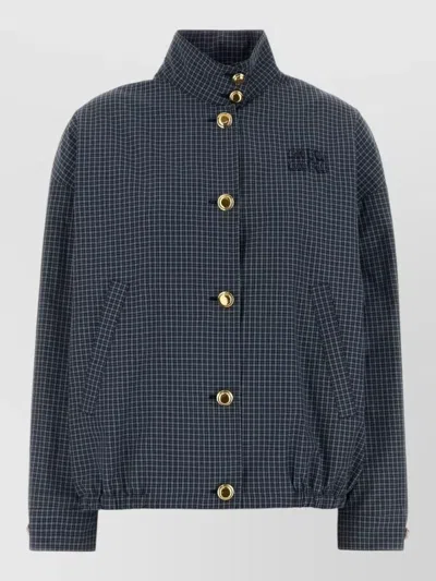 Miu Miu Nylon Blend Jacket Check Pattern Hem In Blue