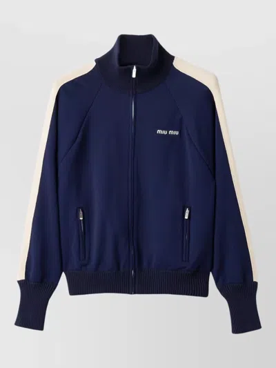 Miu Miu Nylon Cardigan Long Sleeves Side Pockets In Blue