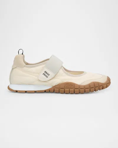 Miu Miu Nylon Suede Grip-strap Sneakers In Avorio