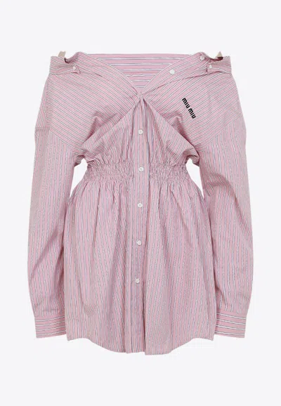 Miu Miu Off-shoulder Striped Mini Dress In Pink
