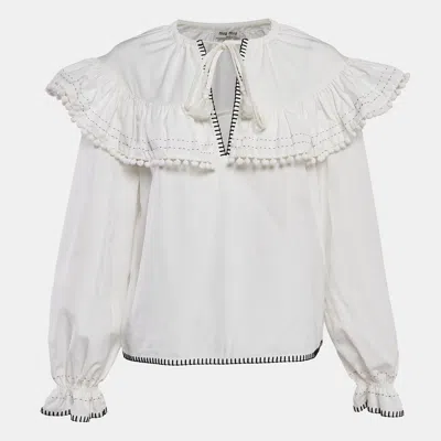 Pre-owned Miu Miu Off-white Contrast Stitch Poplin Ruffled Blouse M