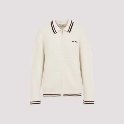 Miu Miu Off White Cotton Knit Zipper Cardigan