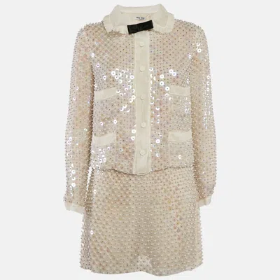 Pre-owned Miu Miu Off-white Embellished Silk Organza Mini Skirt And Top Set S