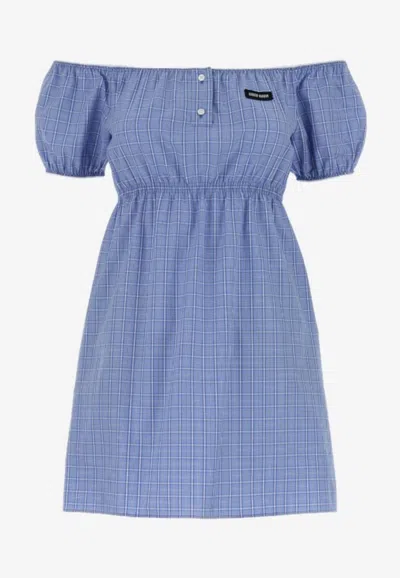 Miu Miu Off-shoulder Grid Check Mini Dress In Blue
