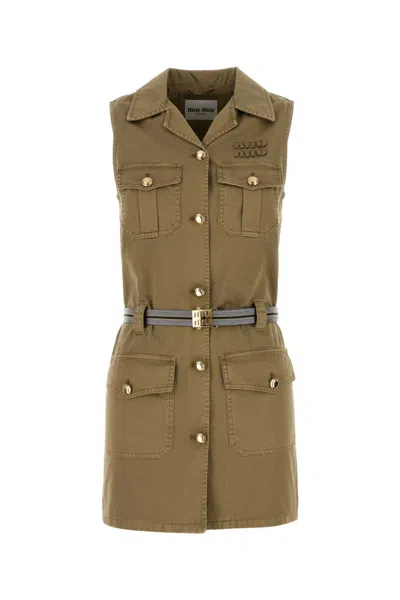 Miu Miu Cotton Mini Dress Featuring Belted Waist In Green