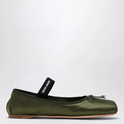 Miu Miu Olive Green Silk Satin Ballerina In Brown