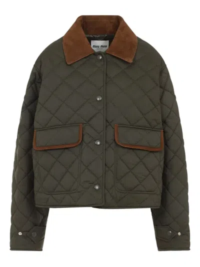 Miu Miu Olive Quilted Shirt Collar Jacket In Brown