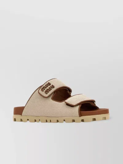 MIU MIU OPEN TOE CANVAS SLIPPERS WITH RUBBER SOLE