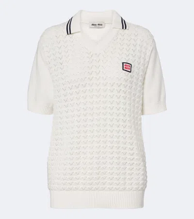 Miu Miu Open-knit Cotton Polo Shirt In White